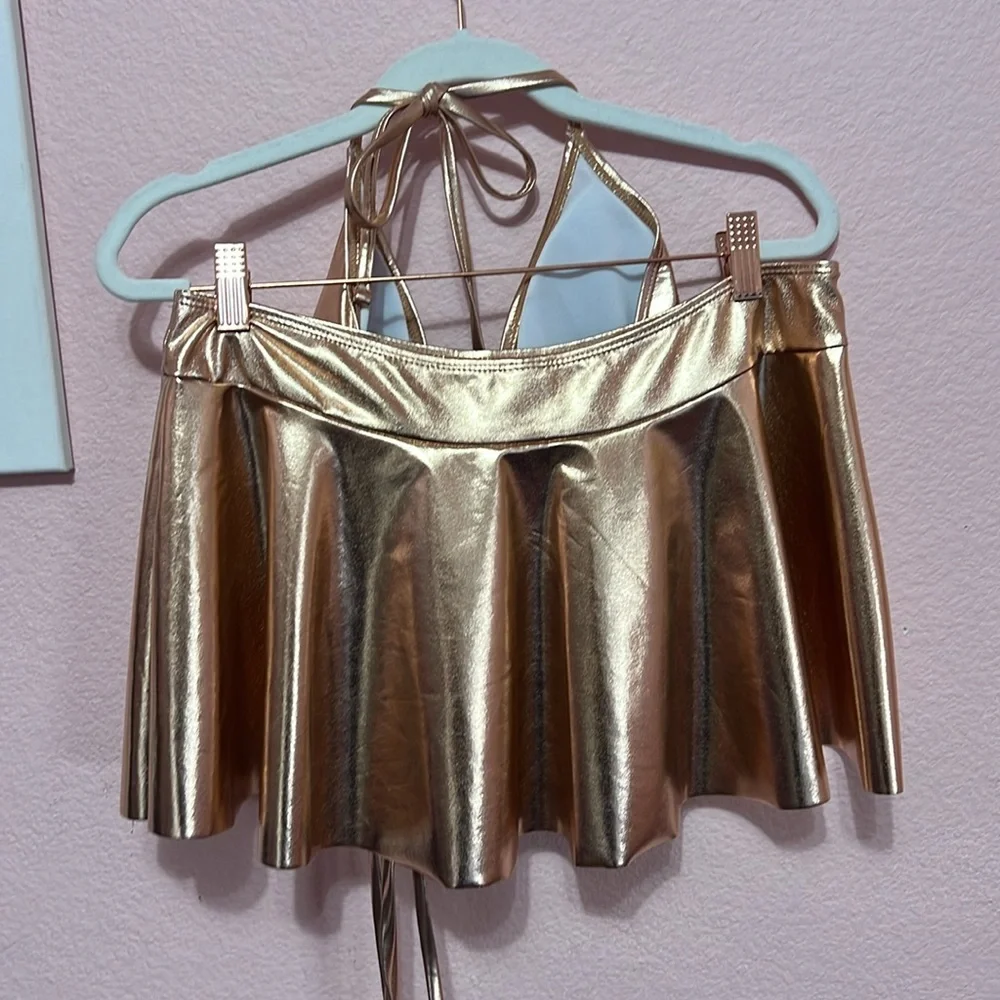 Flatter Me Rose Gold Shiny Bikni Top & Skirt Set. Size XL